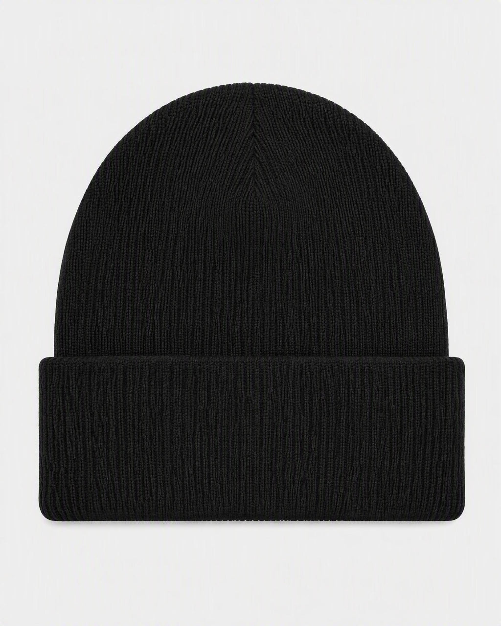 BLACK ORBIT BEANIE — back view, flat lay