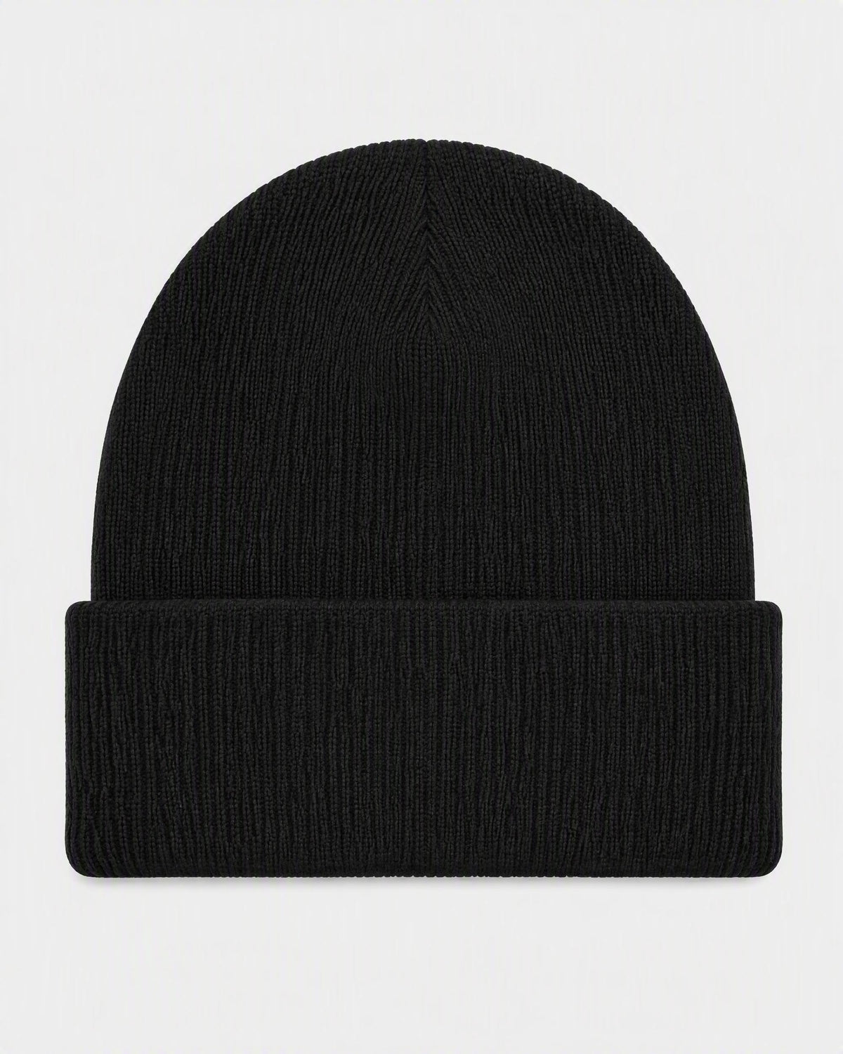 BLACK ORBIT BEANIE — back view, flat lay