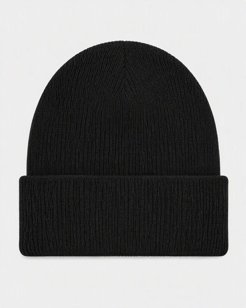 BLACK ORBIT BEANIE — back view, flat lay