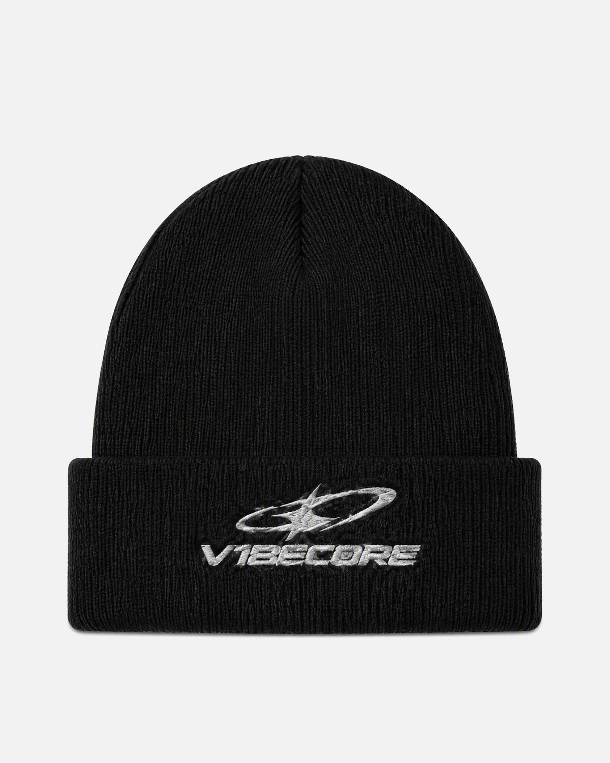 BLACK ORBIT BEANIE — front view, flat lay