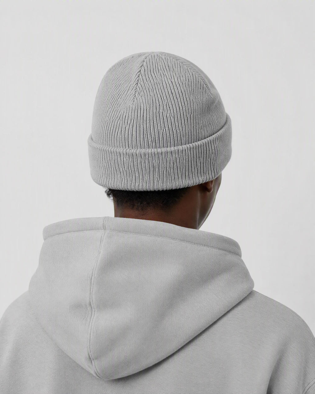GREY ORBIT BEANIE — worn, back view