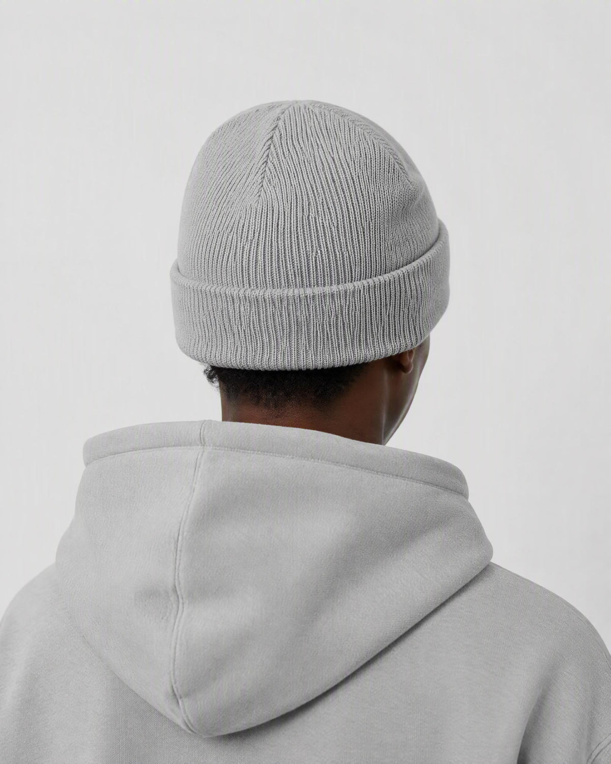 GREY ORBIT BEANIE — worn, back view