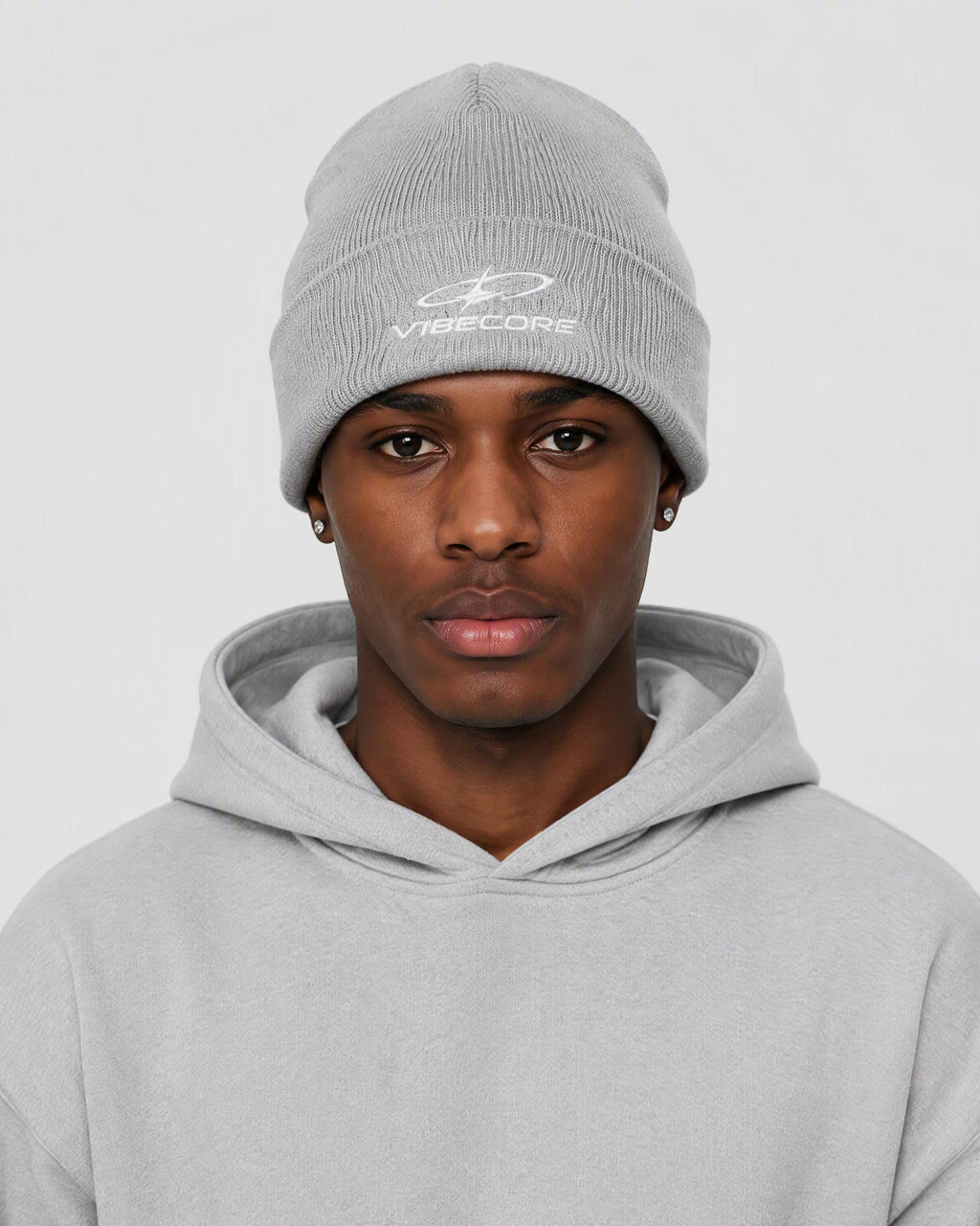 GREY ORBIT BEANIE — worn, front view