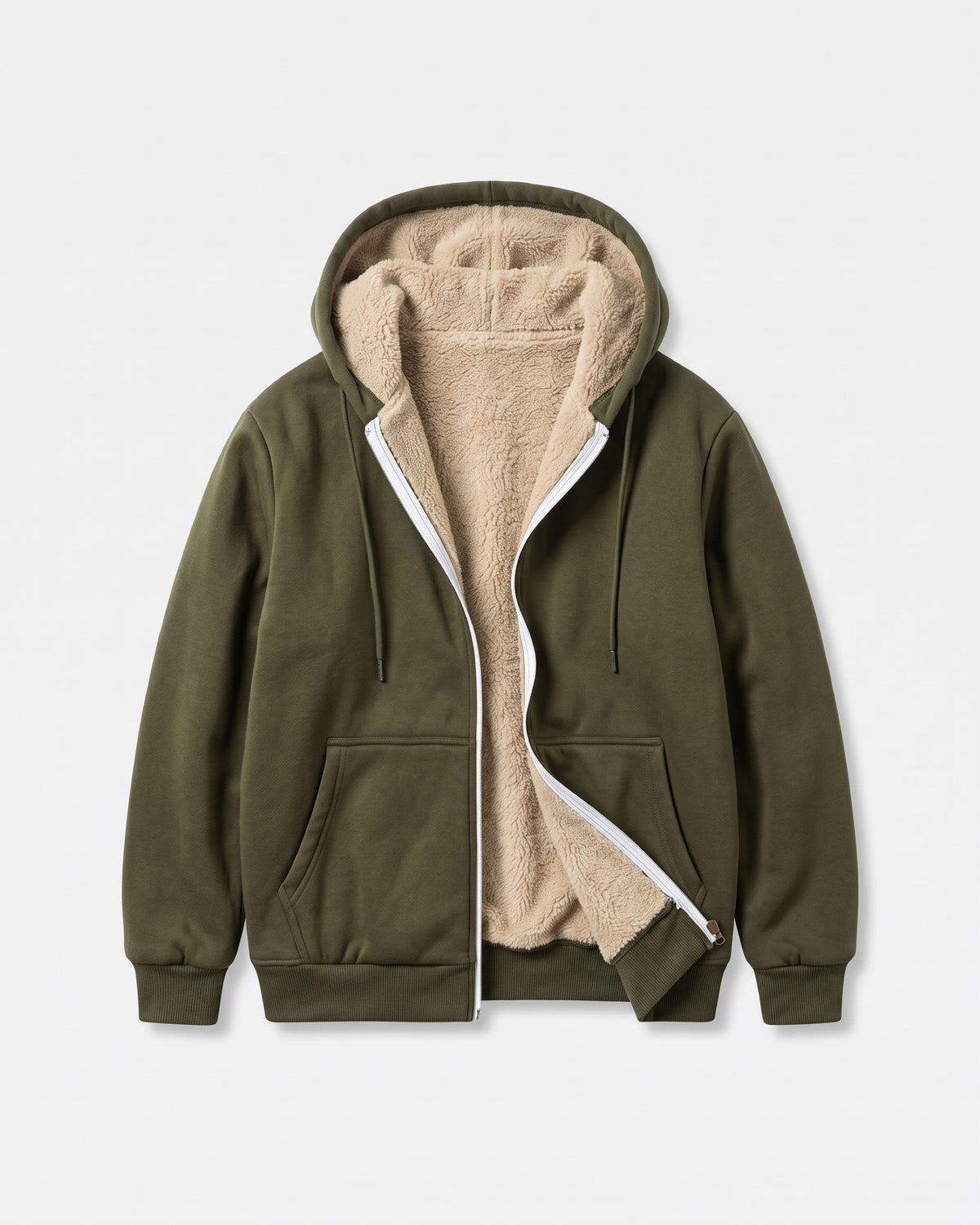 SHERPA-LINED ZIP HOODIE — olive face